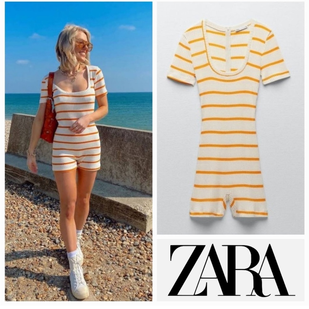 ZARA Orange Stripe Short Sleeve Ribbed Romper